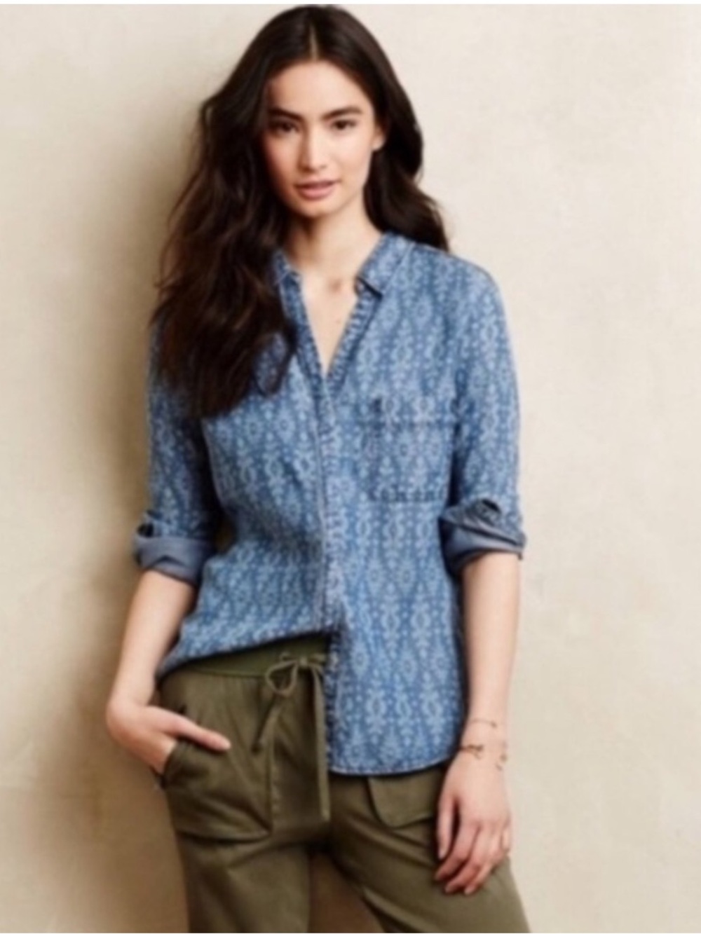 •Anthropologie• holding horses chambray damask button down shirt